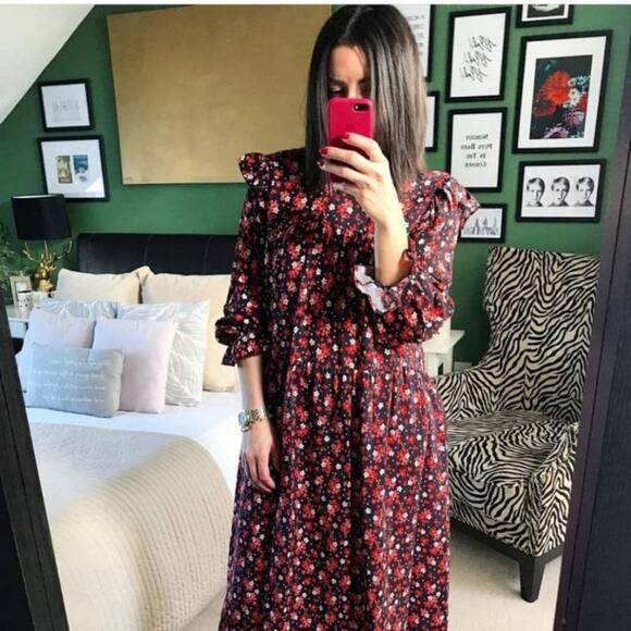 Zara Black Dark Floral Detail Print Puff Sleeve Midi Dress Sz Small - Picture 1 of 9